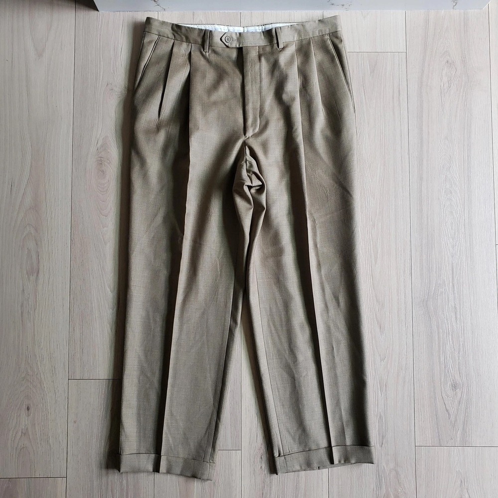 Luxury Serge Dress Pants Mens 36x30 Beige Wool Pleated Made In Italy Formal